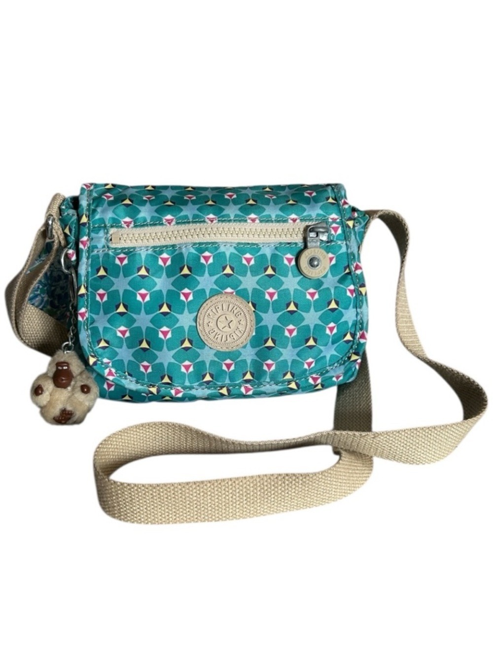 Kipling Small Crossbody Bag With Lydia  Monkey Turquoise Geo Square Print
